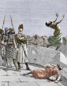 الطائفة الإسماعيلية من الشرق أو القتلة الذين أسسهم حسن بن الصباح (1036-1124) ، المعروف باسم شيخ الجبل ، "الممثل يأمر اثنين من أتباعه المتعصبين بقتل أنفسهم ، ألموت ، بلاد فارس ، حوالي 1096" (الإسماعيلية النزارية: تمثيل حسن بواسطة بيير ميجانيل