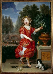 صورة في القدم لماري آن دي بوربون (1666-1739) ماري آن دي بوربون ، ابنة لويس الرابع عشر ومادموزيل دي لا فاليير ، أميرة كونتي المستقبلية لوحة لبيير مينيارد (1612-1695) القرن السابع عشر. 1،38x0،98 م بواسطة بيير مينارد