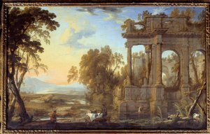 منظر طبيعي مع أطلال ورعاة رسم بيير باتيل بيري (1605-1676) شمس القرن السابع عشر. 0،53x0،83 م