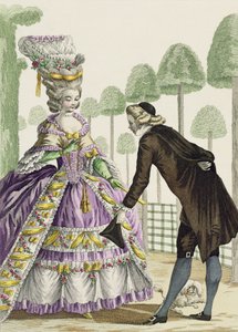 سيدة في منتزه فستان ليلك في حدائق القصر الملكي ، اللوحة 13 من "Galerie des Modes et Costumes Francais" ، محفورة من قبل Etienne Claude Voysard (1746-1812) 1778 بواسطة بيير توماس لو كليرك