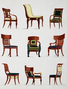 الكراسي والكراسي ، حقبة القنصلية ، رسم توضيحي من Collection de meubles et Objects de gout (مجموعة من الأثاث والأشياء ذات الذوق) بواسطة بيير دي لا ميسانجير