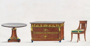طاولة الماهوجني ، خزانة ذات أدراج وكرسي ، لوحة 241 ، رسم توضيحي من Collection de meubles et Objects de gout (مجموعة أثاث وأشياء من الذوق) بواسطة بيير دي لا ميسانجير