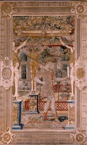 نسيج فلمنكي. سلسلة Vertumnus و Pomona.Vertumnus تحول إلى مزارع. النسيج الثاني في السلسلة. غادر الجزء تحول دافني. نموذج دائرة بيتر كوك فان إيلست. مصنع فيلهلم بانميكر ، بروكسل. كاليفورنيا 1545-1550. فابري بواسطة بيتر (دائرة) كوك فان إيلست