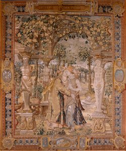 نسيج فلمنكي. سلسلة Vertumnus و Pomona. Vertumnus يقبل بومونا. النسيج السابع في السلسلة. نموذج دائرة بيتر كوك فان إيلست. مصنع فيلهلم بانميكر ، بروكسل. كاليفورنيا 1545-1550. النسيج: الذهب والفضة والحرير والصوف. مقاس ٤٣٠ × ٣٦٥ سم. بواسطة بيتر (دائرة) كوك فان إيلست