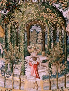 نسيج فلمنكي. سلسلة Vertumnus و Pomona ؛ تحول Vertumnus إلى بستاني (Vertumno transformado en jardinero). النسيج الخامس في السلسلة. نموذج دائرة بيتر كويك فان إيلست وليونارد تيري. تصنيع ورشة عمل غير معروفة ، بروكسل ، بيفو بواسطة بيتر (دائرة) كوك فان إيلست