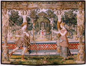 نسيج فلمنكي. سلسلة Vertumnus و Pomona ؛ تحول Vertumnus إلى بستاني (Vertumno transformado en jardinero). النسيج الخامس في السلسلة. نموذج دائرة بيتر كويك فان إيلست وليونارد تيري. تصنيع ورشة عمل غير معروفة ، بروكسل ، بيفو بواسطة بيتر (دائرة) كوك فان إيلست