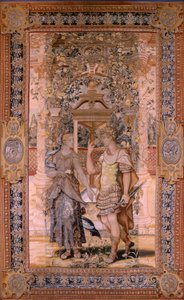 نسيج فلمنكي. سلسلة Vertumnus و Pomona. تحول Vertumnus إلى محارب. النسيج الرابع في السلسلة. نموذج دائرة بيتر كوك فان إيلست. مصنع فيلهلم بانميكر ، بروكسل. Ca1545-1550. النسيج: الذهب والفضة والحرير والصوف. الحجم 425 بواسطة بيتر (دائرة) كوك فان إيلست