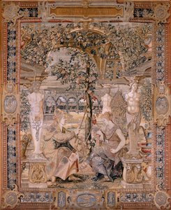 نسيج فلمنكي. سلسلة Vertumnus و Pomona. تحولت Vertumnus إلى امرأة عجوز. تحولت Vertumnus إلى امرأة عجوز. النسيج السادس في السلسلة. نموذج دائرة بيتر كوك فان إيلست. مصنع فيلهلم بانميكر ، بروكسل. Ca1545-1550. F بواسطة بيتر (دائرة) كوك فان إيلست