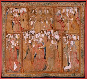 نسيج فلمنكي. سلسلة انتصارات الأم أو Paños de Oro. أرسل الله الملاك جبرائيل (Dios envía al Arcángel Gabriel). النسيج الأول في السلسلة. الموديل Colin de Cooter (؟). المُصنع Pieter van Aelst (أو van Edingen) ، بروكسل. Ca1500-1502. F