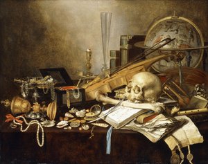 حياة Vanitas الساكنة من الآلات الموسيقية والمخطوطات ، وكأس مغطى بالذهب المقلوب ، ونعش مجوهرات ، وشمعدان ، وعالم فلكي ، وسلسلة من اللآلئ ، والجواهر ، والأصداف ، والجمجمة والفيمور ، وزجاج ساعة على طاولة منسدلة ، 1653