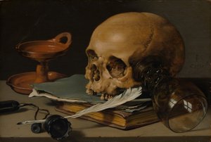 لا تزال الحياة مع جمجمة وريشة الكتابة ، 1628.