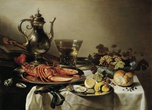 طاولة مع جراد البحر ، إبريق فضي ، بيركيمير كبير ، وعاء فاكهة ، كمان وكتب ، 1641