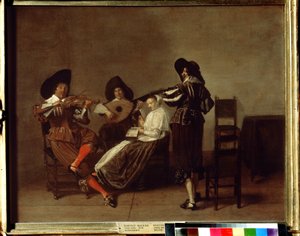 "Soiree musicale" (أمسية موسيقية) ثلاثة موسيقيين وفتاة (غناء). لوحة لبيتر كود (1599-1678) متحف بوشكين من القرن السابع عشر ، موسكو بواسطة بيتر كود