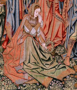 نسيج فلمنكي. سلسلة آلام المسيح. النزول من الصليب (Descendimiento). سلسلة المنسوجات الثانية لآلام المسيح التي تنتمي إلى Patrimonio Nacional. نموذج رسامي كاريكاتير من دائرة جان فان روم. صنع Pieter va بواسطة بيتر كويك فان إيلست