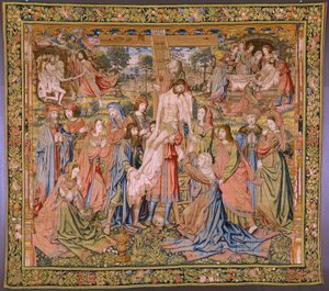 نسيج فلمنكي. سلسلة آلام المسيح: النزول من الصليب (Kruisafneming، Descendimiento de la cruz). صنع بيتر فان إيلست. رسام الكاريكاتير جان فان روم. كاليفورنيا 1507-1520. بواسطة بيتر كويك فان إيلست