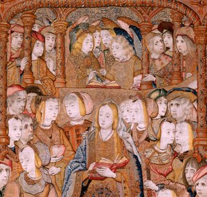 نسيج فلمنكي. سلسلة انتصارات الأم أو Paños de Oro. البشارة (لا أنونسياسيون). النسيج الثاني في السلسلة. الموديل Colin de Cooter (؟). المُصنع Pieter van Aelst (أو van Edingen) ، بروكسل. كاليفورنيا 1500-1502. النسيج الذهب والفضة والحرير و wo بواسطة بيتر كويك فان إيلست