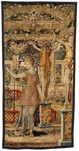 Vertumnus و Pomona: تحول Vertumnus إلى مزارع ، حوالي 1550 (ذهب ، صوف وحرير) بواسطة بيتر كويك فان إيلست