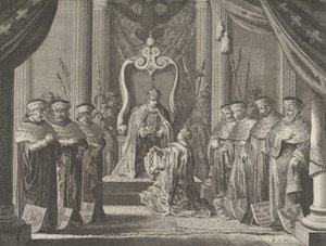 اللوحة 8: منح الإمبراطور ماكسيميليان الثاني تاجًا لشعار نبالة أمستردام ، من كاس ... ، 1638.