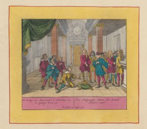 دوق فيليب من أنجو يقبل التاج الإسباني عام 1700 يقبل دوق أنجو عرض التاج الإسباني (...) (العنوان على الكائن) مسرح الحرب ، بداية الملك تشارلز الثاني. حتى الملك تشارلز الثالث. موجود في التاسع بواسطة ولايات هولندا وغرب فريزلاند