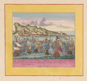 معركة جبل طارق ، 1705 هُزِم بونتي ، في خليج جبل طارق (الصورة في المقدمة) لأساطيل الحلفاء ، دن 20 ميرت ، 1705 (العنوان على الشيء) مسرح الحرب ، بداية الملك تشارلز الثاني. حتى عرين الملك كاريل بواسطة ولايات هولندا وغرب فريزلاند