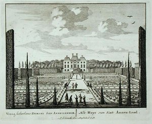 منزل وحدائق في Saint Annen-Land ، من Admirandorum Quadruplex Spectaculum ، بقلم جان فان كول (1656-1703) ، نُشر قبل عام 1715 (نقش)