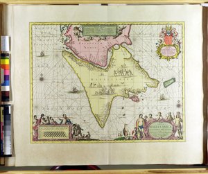 Tabula Magellanica ، Quatierrae del Fuego ، اللوحة 18 من Le Nouveau et Grand Illuminant Flambeau de la Mer بواسطة Claes Jansz. Vooght (fl.1680-96) نشرت في أمستردام ، 1683 (نقش ملون باليد)