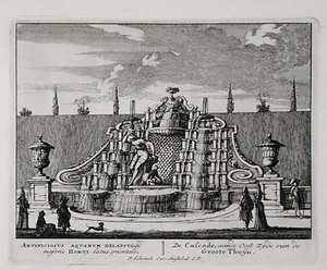 الشلال في حديقة شرقية ، من "Admirandorum Quadruplex Spectaculum" ، بقلم جان فان كول (1656-1703) ، نُشر قبل عام 1715 (نقش)