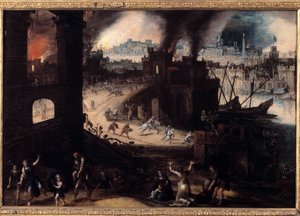 The Destruction of Troy Painting by Pieter Schoubroeck (1570-1607) 17th century Besancon. Museum of Fine Arts