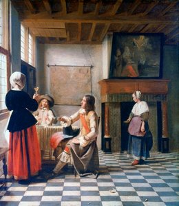 الداخلية ، امرأة تشرب مع رجلين ، وخادمة ، c1658 بواسطة بيتر دي هوش