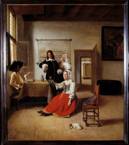 الشارب امرأة مدمنة على الكحول في منزل فلمنكي محاطة بشاربي آخرين. لوحة بيتر دي هوش (1629-1684) 1658 صن. 0،69x0،6 م - امرأة تشرب مع الجنود. داخل منزل فلمنكي. لوحة بيتر دي هوش (1629-1684) بواسطة بيتر دي هوش