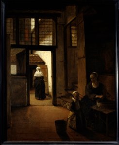 منظر للفناء الخلفي لمنزل هولندي رسمه بيتر دي هوش (1629-1681) (إي سي فلام) القرن السابع عشر. 0،6x0،49 م باريس ، متحف اللوفر بواسطة بيتر دي هوش