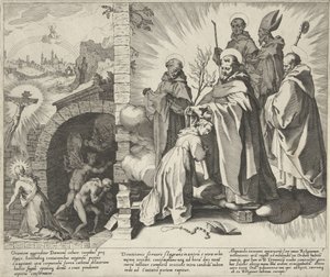 Catharina biddend / Visioen van Catharina / Catharina wordt dominicanes Scènes uit het leven en wonderen van de Heilige Catharina van Siena (عنوان المسلسل) الحياة والموت وبعض المعجزات المختارة B. CATHERINE OF SENENIS (...) (عنوان السلسلة) بواسطة بيتر دي جود (أنا)