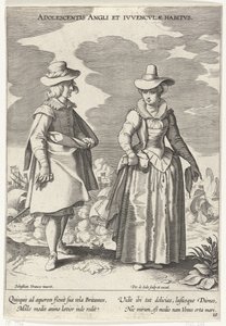 Paar ، وضع gekleed volgens de Engelse ، كاليفورنيا. 1610 عادات المراهقين الإنجليزية والإنجليزية (العنوان على الكائن) Kostuums uit verschiedelden Landen (عنوان السلسلة) Ornaments of Various Nations (عنوان السلسلة) بواسطة بيتر دي جود (أنا)