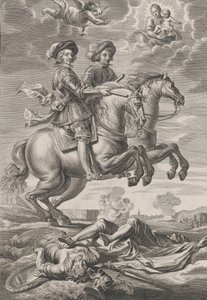 اللوحة 10: ملك المجر وفيرديناند يمتطيان صهوة الجواد ، من كتاب جيلموس بيكانوس 'Sere ... ، 1636.
