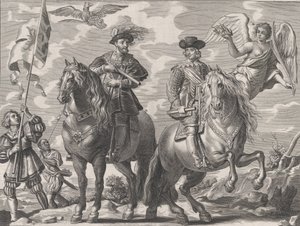اللوحة 20: تشارلز الخامس وفرديناند على ظهور الخيل ، من Serenissimi Pr من Guillielmus Becanus ، 1636. بواسطة بيتر دي جود الثاني