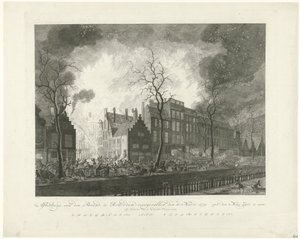 حريق في Pottebakkerssteeg في روتردام ، 1779 الصورة ، فان دن براند ، حدثت في روتردام ، الحادي عشر. مارس 1779. فان دن ماس الحرير على الشاشة (العنوان على الجسم)