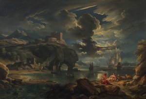 منظر ساحلي متوسطي مضاء بضوء القمر ، 1700-01 (زيت على قماش)