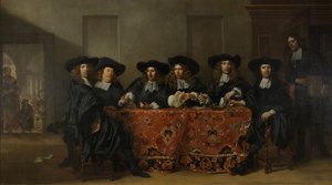 ستة أوصياء ومدير معهد Oude Zijds لإغاثة الفقراء في الهواء الطلق، أمستردام، 1675 بواسطة بيتر فان أنريدت
