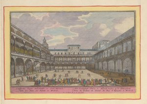 باحة القصر الملكي بمدريد القصر الملكي في مدريد. ليتم رؤيته في الفناء (العنوان على الكائن) Theatrum Hispaniae (...] (عنوان المسلسل) بواسطة بيتر فان دن بيرج