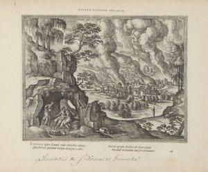 Vernietiging van Sodom en Gomorrah / Lot en zijn dochters النصب الأبدي للعدالة (العنوان على الكائن) الشعارات المقدسة والتاريخ الرئيسي لكلا العهدين (Oude Testament) (عنوان السلسلة) صور وأرقام الكتب (عنوان المسلسل) بواسطة بيتر فان دير بورشت (الأول)