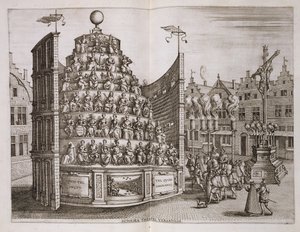 رسم توضيحي يصور مسرحًا متحركًا ، من القصة التاريخية لبدء التنصيب ... &39;بواسطة Bochius ، Plantin Press ، 1602