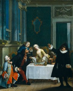 "الوجبة الخفيفة مع الأقنعة" "كوميديون يرتدون أزياء Commedia dell'arte حول طاولة حيث يتم تقديم البسكويت والنبيذ (بالتفصيل) القرن الثامن عشر (رسم) بواسطة بيترو (مدرسة) لونجي
