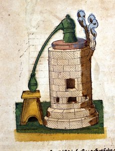 الكيمياء: جهاز التقطير. نقش من كتاب لبييترو أندريا ماتيولي (ماتيولي) (1500-1577). فرانكفورت بواسطة بيترو أندريا ماتيولي