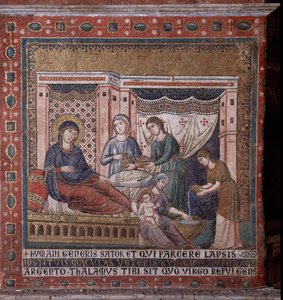 ولادة ماري موزاييك من حنية بيترو كافاليني (نشط حوالي 1273-1330) أواخر القرن الثالث عشر (ولادة ماري ، فسيفساء من صدر بيترو كافاليني ، نهاية القرن الثالث عشر) روما ، كنيسة سانتا ماريا في تراستيفيري إيطاليا
