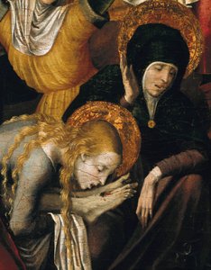 النسب من الصليب (Deposizione) ، تفاصيل عن مريم المجدلية تحتضن قدمي المسيح ، أوائل القرن السادس عشر (تمبرا على لوح) بواسطة بيترو كافارو