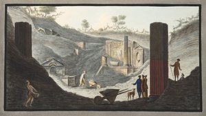 الحفريات المبكرة في Herculaneum ، حيث كان السير ويليام نشطًا بدعم من الملوك ، من "Campi Phlegraei: ملاحظات على براكين الصقليتين" بقلم ويليام هاميلتون ، 1776