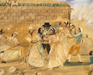 The possessive Neapolitan, fight scene, embroidery on silk from an engraving by Pietro Fabris, Italy بواسطة بيترو فابريس