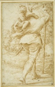 St. Christopher ferrying the Christ Child (pen & brown ink on white paper)