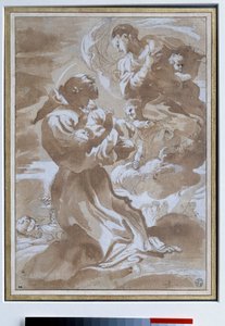 العذراء تحمل الطفل يسوع إلى القديس فرانسوا الأسيزي رسم بقلم بيترو فاشيني (1560-1602) شمس القرن السادس عشر. 0،23 x 0،33 م باريس. متحف اللوفر