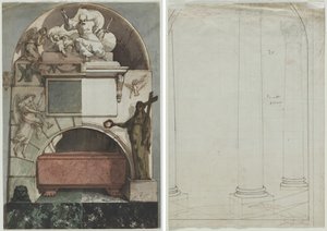 تصميم لوحة جدارية لمقبرة فنان في Certosa في بولونيا (وجه الصفحة) ؛ الرسم المعماري للأعمدة (ظهر)